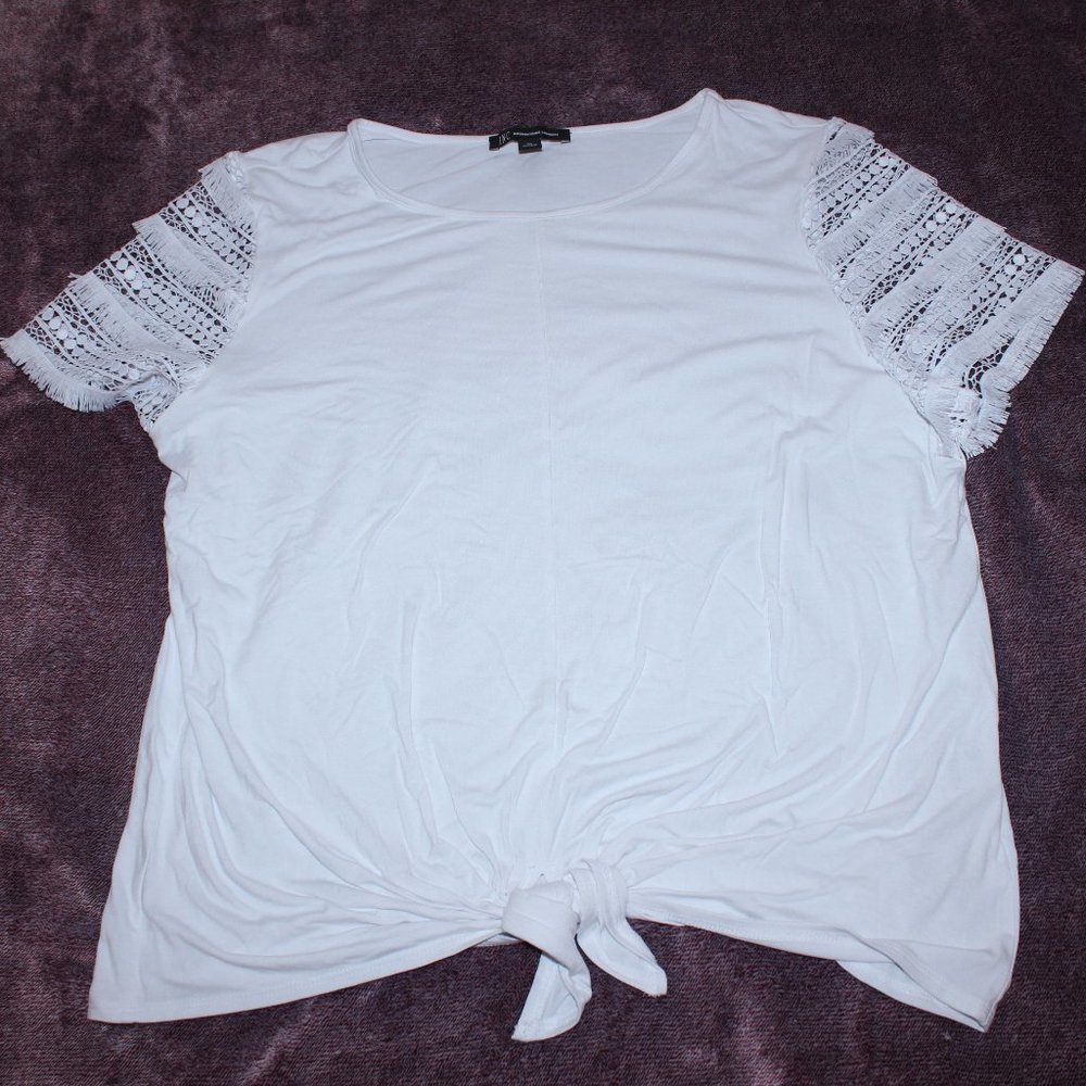 INC White Tee Knotted Top with Lace Sleeves